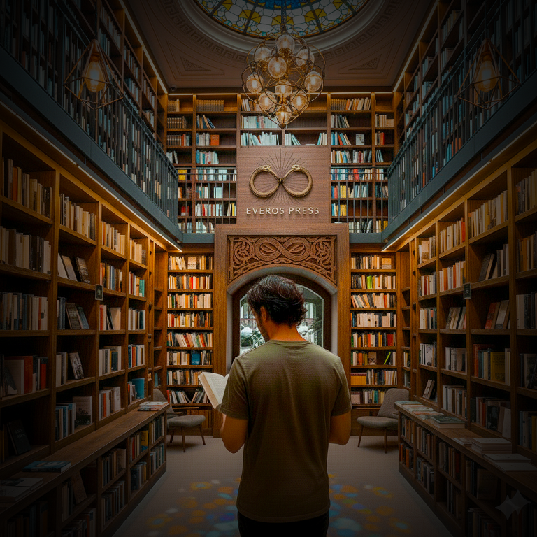 Everos Press – Independent book publisher in Greenwich exploring modern storytelling, poetry, and transformation Everos library, a man reading under stained-glass dome – independent book publisher exploring spirituality, sexuality, and dark romance.