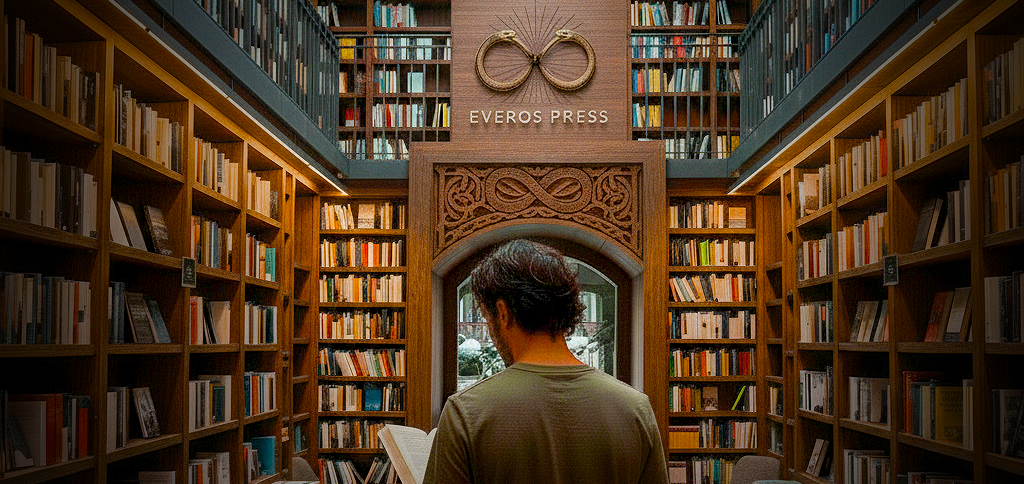 Everos Press – Independent book publisher in Greenwich exploring modern storytelling, poetry, and transformation Everos Press bookshop man reading in an elegant library, stained-glass ceiling and infinity logo above the archway. Secret bookshop discover
